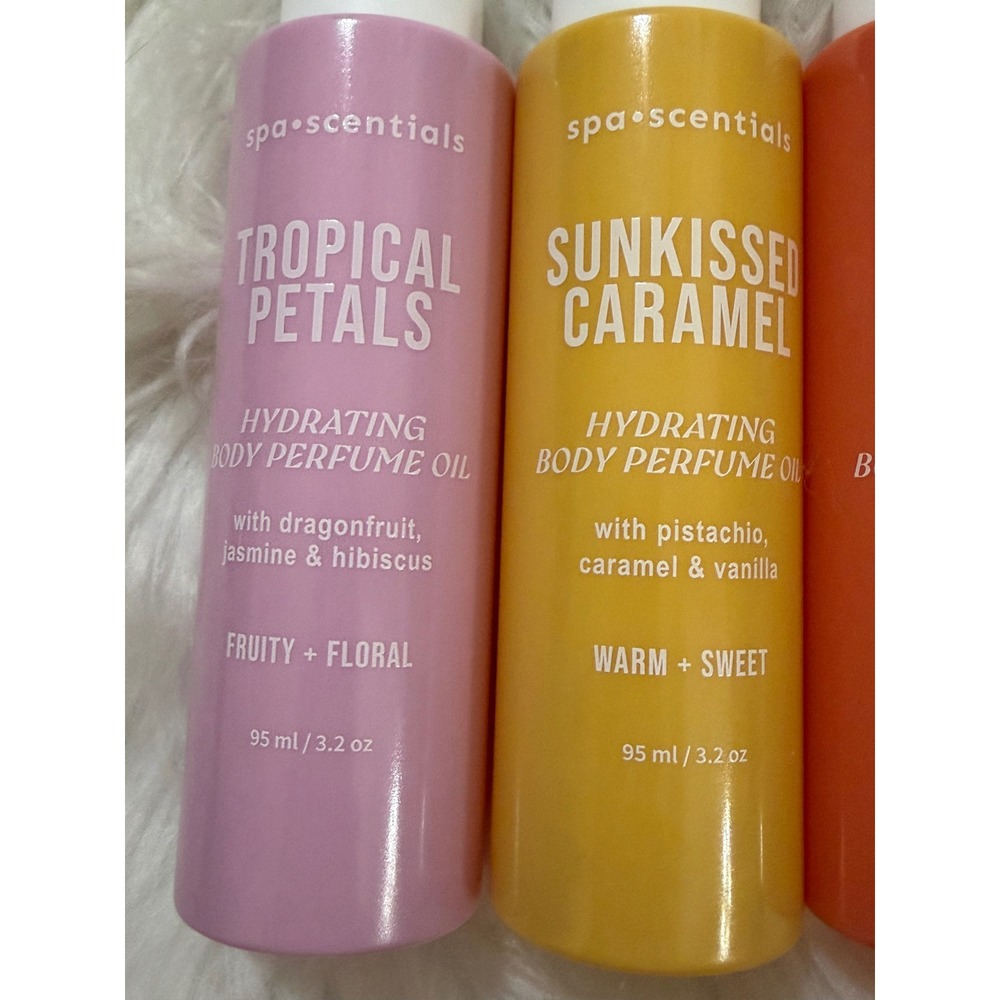 Spa Scentials Hydrating Body Perfume Oil Set 4 Pack Tropical Caramel Coastal Oil - Picture 10 of 10